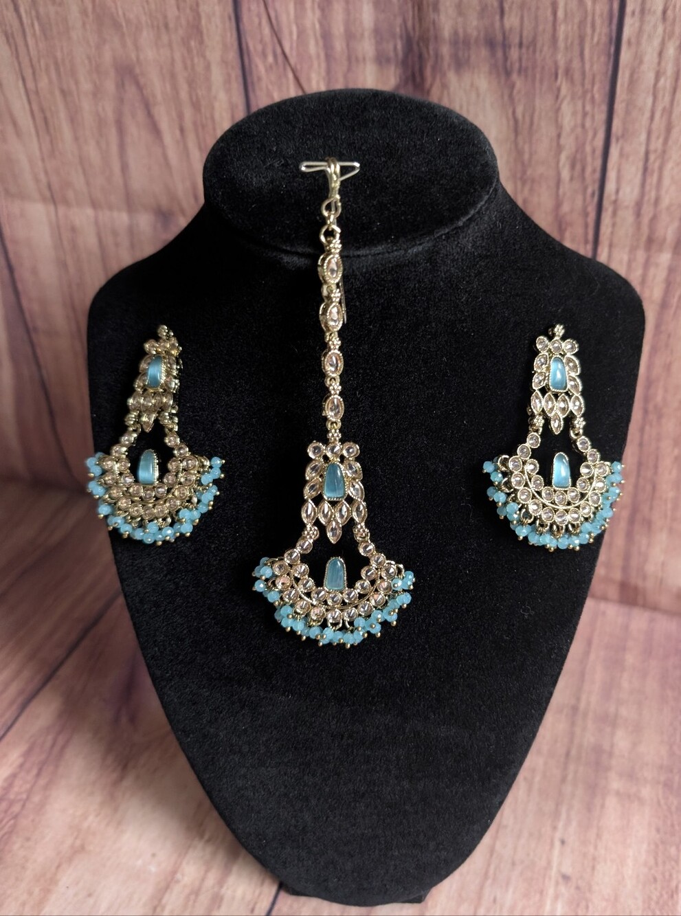 Turquoise Crystal Indian Bridal Earrings and Tikka Set